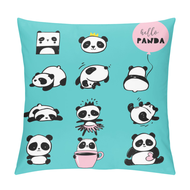 Personality  Cute Panda Bear Illustrations, Collection Of Vector Hand Drawn Elements, Black And White Icons Pillow Covers