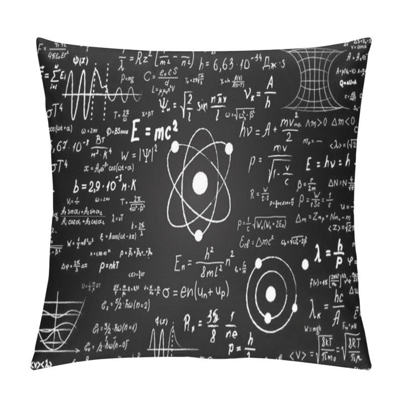 Personality  Blackboard Inscribed With Scientific Formulas And Calculations In Physics And Mathematics. Can Illustrate Scientific Topics Tied To Quantum Mechanics, Relativity Theory And Any Scientific Calculations Pillow Covers