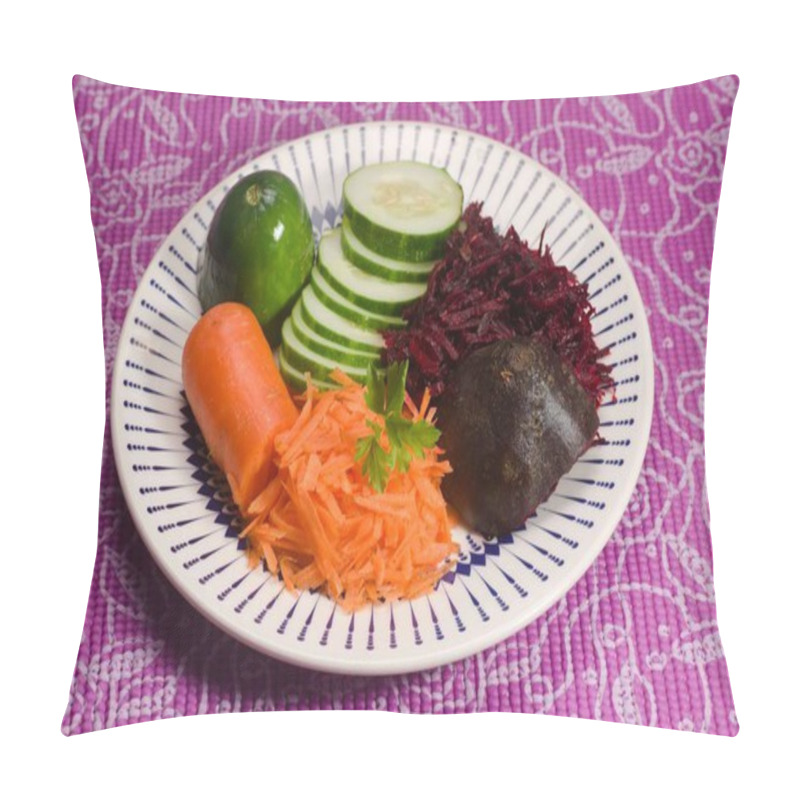 Personality  A Vibrant Plate Featuring Grated Carrots, Sliced Cucumber, Beets, And A Mix Of Fresh Greens. A Perfect Combination For A Healthy And Colorful Salad. Pillow Covers