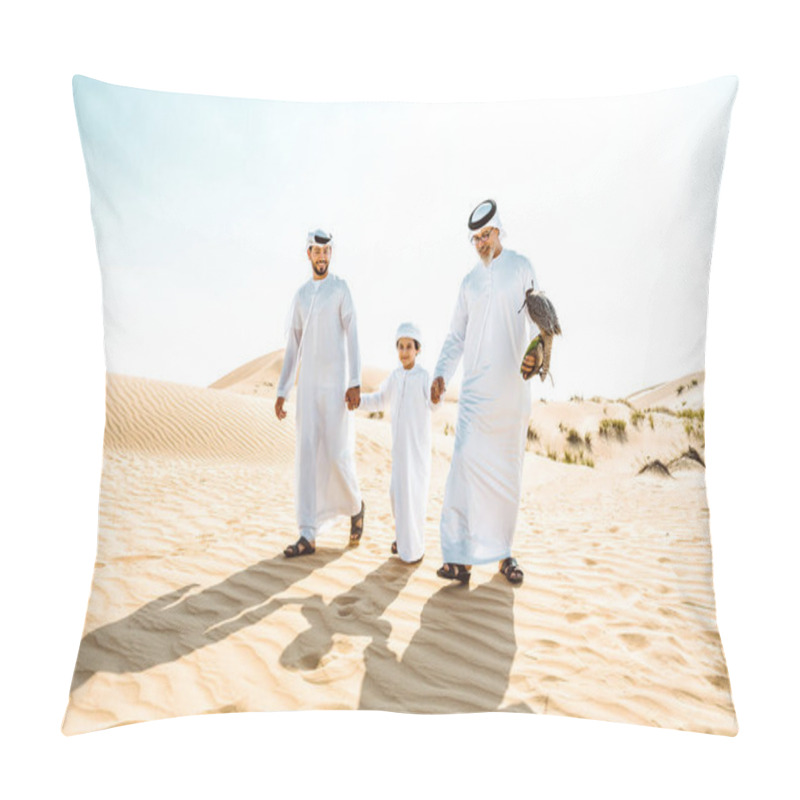 Personality  Three Generation Family Making A Safari In The Desert Of Dubai. Grandfather, Son And Grandson Spending Time Together In The Nature And Training Their Falcon Bird. Pillow Covers