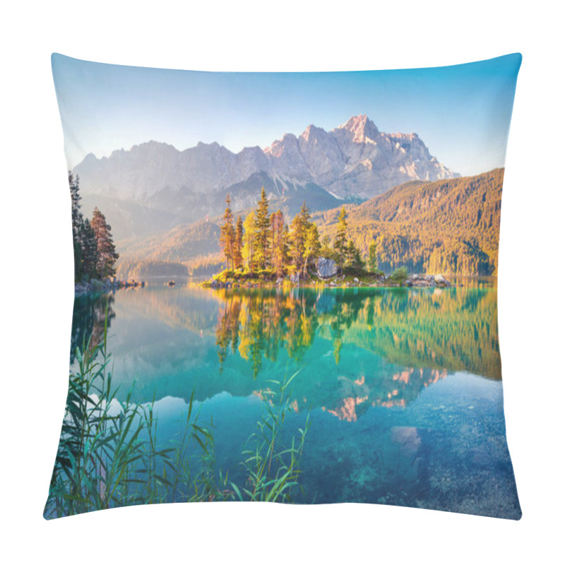 Personality  Colorful Summer Morning On The Eibsee Lake With Zugspitze Mountain Range. Sunny Outdoor Scene In German Alps, Bavaria, Garmisch-Partenkirchen Village Location, Germany, Europe. Artistic Style Post Processed Photo. Pillow Covers