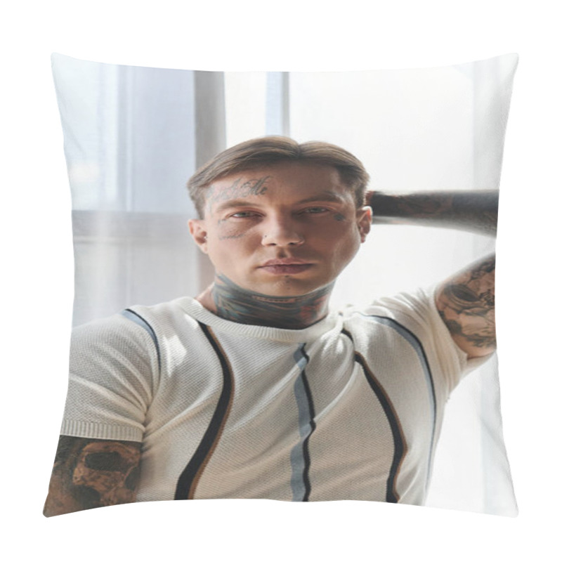 Personality  Young Man With Tattoos Showcases His Style And Confidence In A Well Lit Indoor Space. Pillow Covers