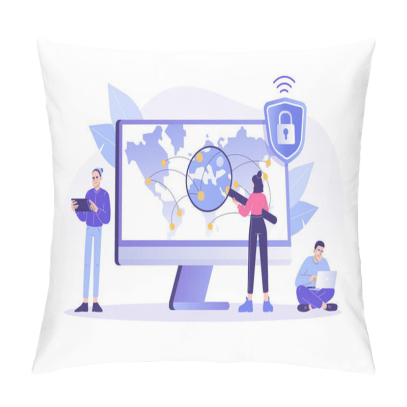 Personality  VPN Service Concept. People Using VPN Security Software For Computers And Smartphones. Virtual Private Network. Secure Network Connection And Privacy Protection. Isolated Modern Vector Illustration Pillow Covers