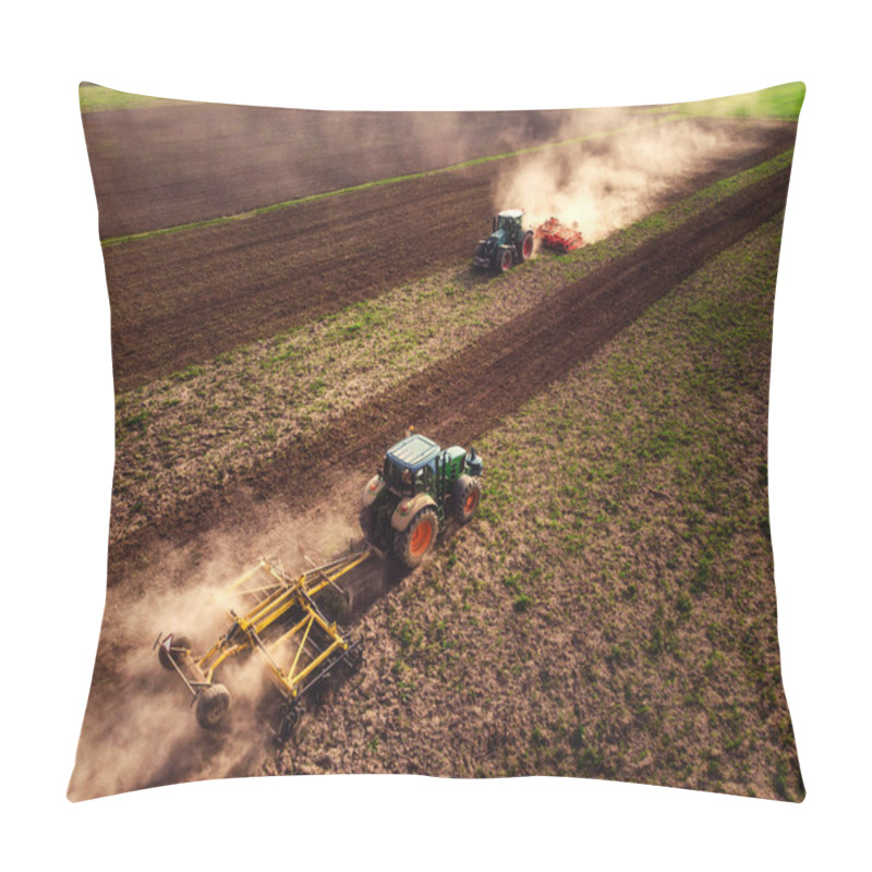 Personality  Tractor Cultivating Field, Kicking Up Rocks And Dust In The Early Morning Pillow Covers