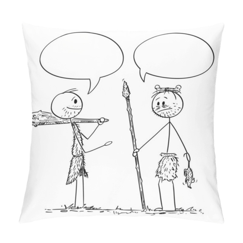 Personality  Vector Cartoon Illustration Of Two Cavemen, Prehistoric Or Native Or Indigenous Men Talking Or Having Conversation. There Are Empty Speech Bubbles For Your Text. Pillow Covers