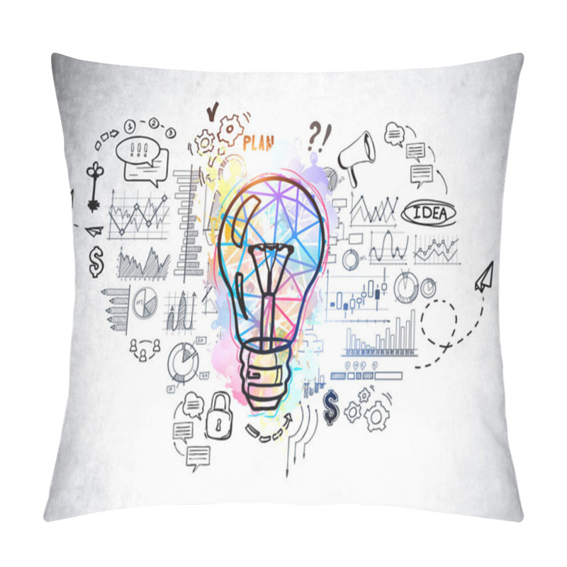 Personality  Big Lightbulb Drawing With Circuit Of Network Connection, Graphs And Financial Analysis. Icons Of Communication And Business Process. Concept Of New Ideas And Creativity Pillow Covers