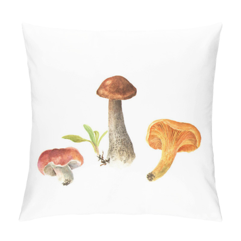 Personality  Watercolor Illustrations Of Mushrooms. Brown Cap Boletus, Mushroom Chanterelle, Russula Mushroom Pillow Covers