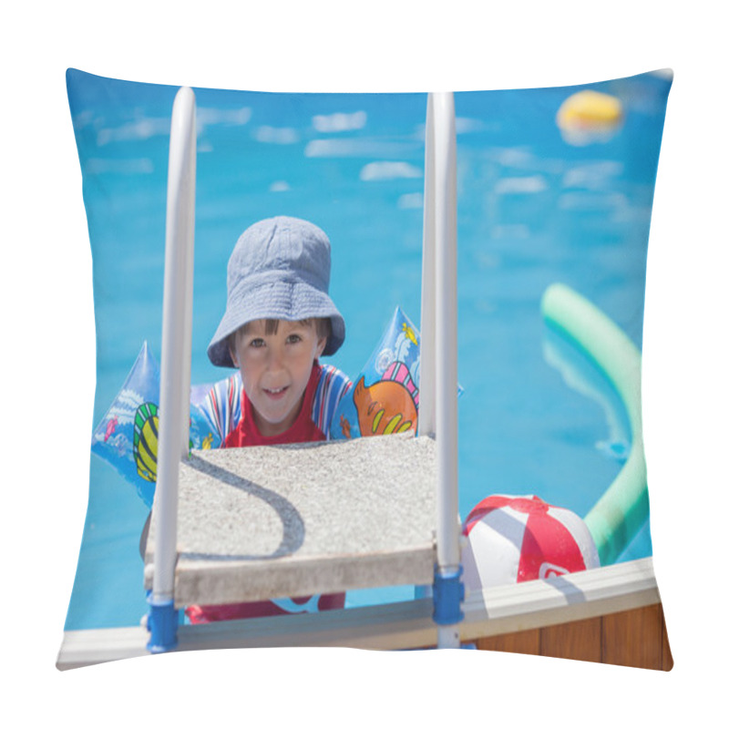 Personality  Sweet Little Boy, Swimming In Big Swimming Pool Pillow Covers