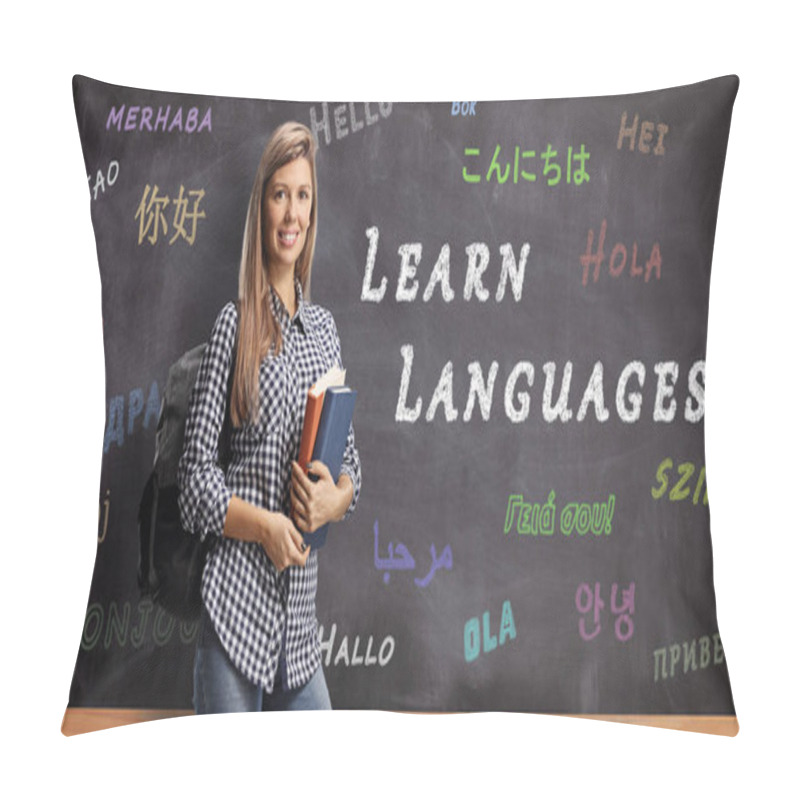 Personality  Female Student With Books Posing In Front Of A Blackboard With T Pillow Covers