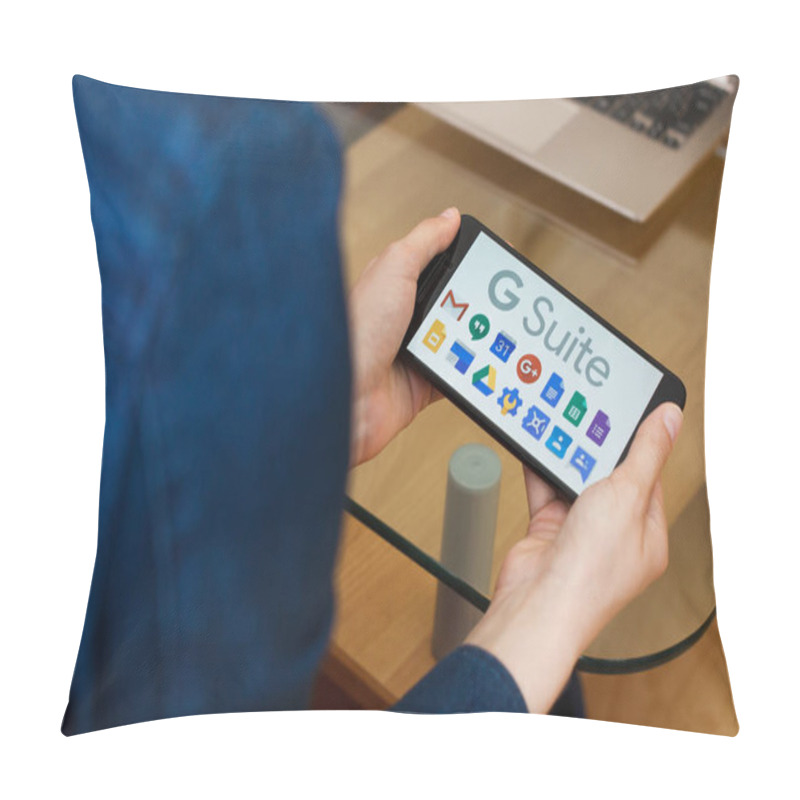 Personality  SAN FRANCISCO, US - 22 April 2019: Close Up To Female Hands Holding Smartphone Using G Suite Application, San Francisco, California, USA. An Illustrative Editorial Image Pillow Covers