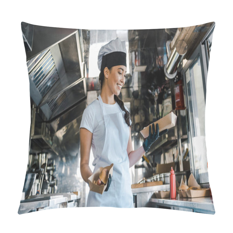 Personality  Happy Asian Chef In Hat Holding Carton Plates In Food Truck  Pillow Covers