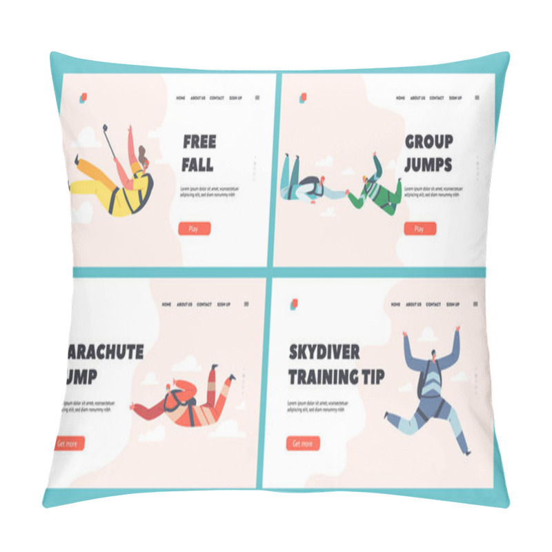 Personality  Parachuting Extreme Sport Landing Page Template Set. Recreation. Skydiver Characters Make Protracted Jump With Parachute Pillow Covers