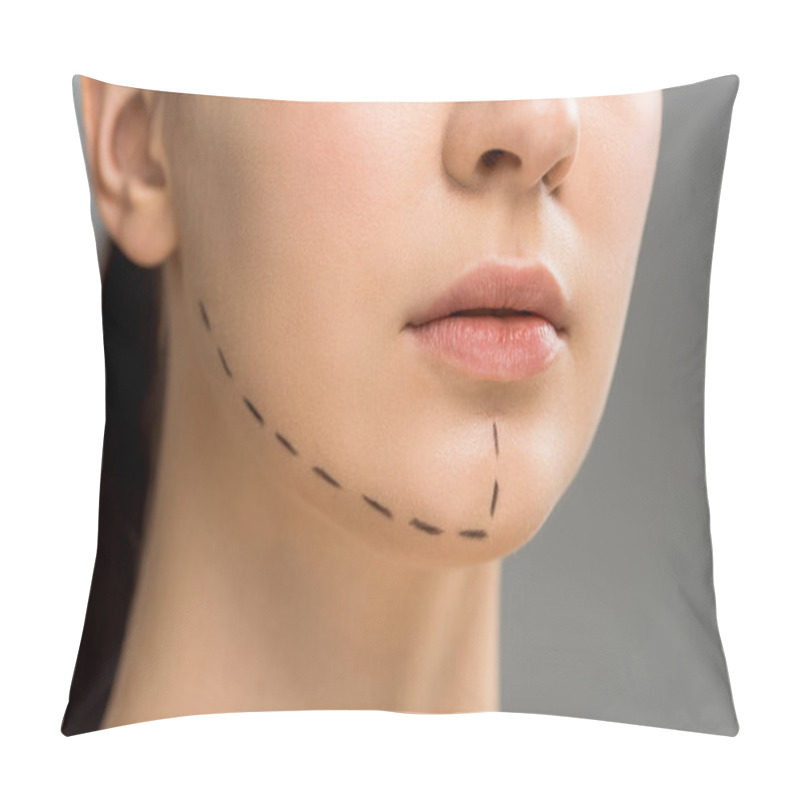 Personality  Cropped View Of Young Woman With Marks On Face Isolated On Grey  Pillow Covers