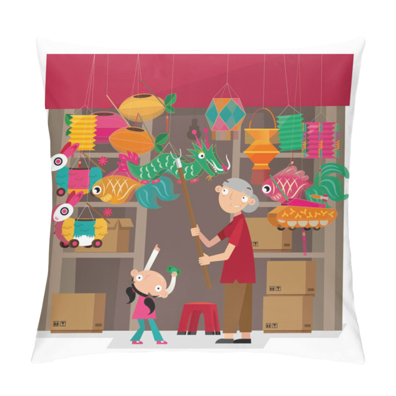 Personality  Vector Illustration Of Paper-crafted Offerings Shop In Hong Kong. During The Chinese Lantern Festival, It Hangs Varieties Of Lanterns At The Shop Front. Pillow Covers