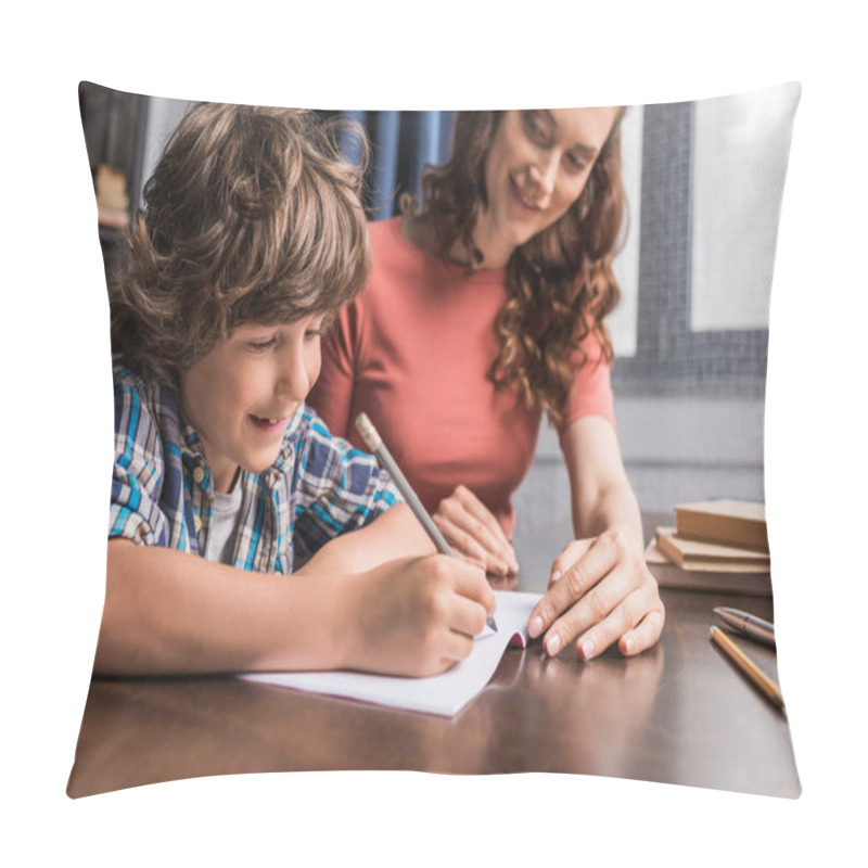 Personality  Mother Helping Son With Homework Pillow Covers