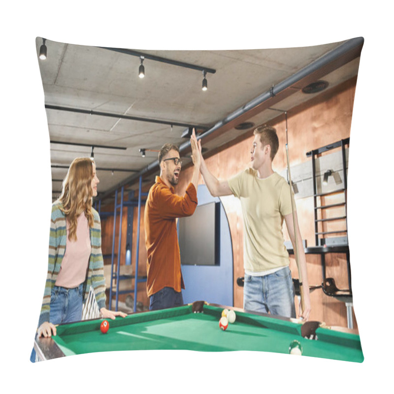 Personality  A Group Of Colleagues From A Coworking Space Gather Around A Pool Table, Enjoying A Break And Building Team Camaraderie. Pillow Covers