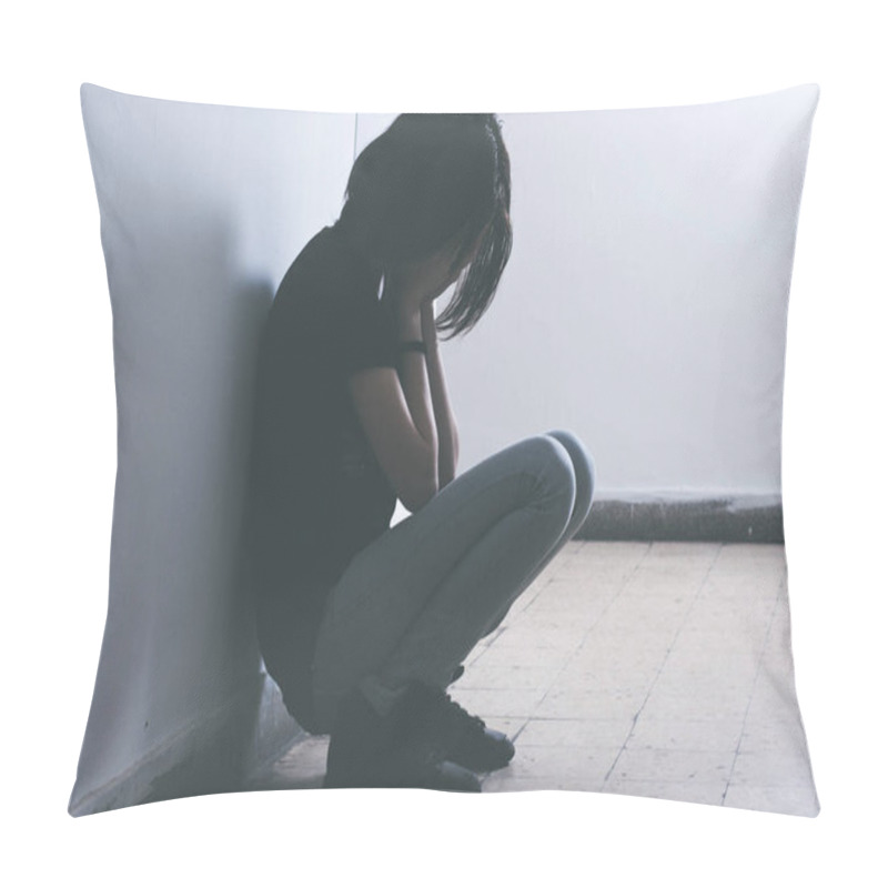 Personality  Depressed Teenager Girl Sitting On The Floor With Hands Cover Face. Pillow Covers