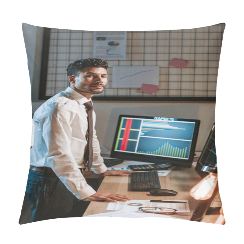 Personality  Bi-racial Trader Standing Near Computers With Graphs And Looking At Camera  Pillow Covers