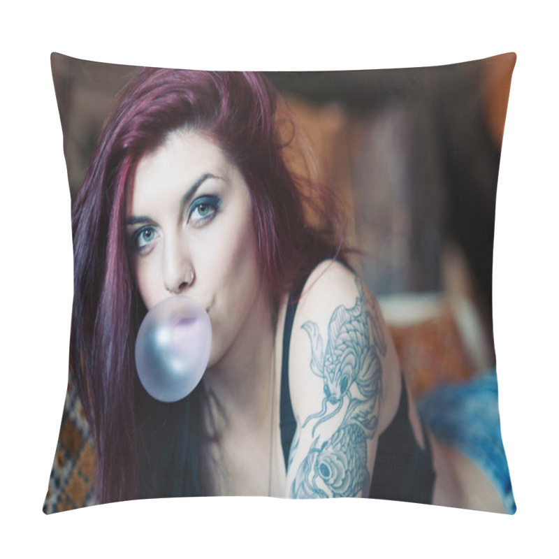 Personality  Sensual Portrait Of Beautiful Tattooed Red Head Girl With Chewing Gum. Pillow Covers