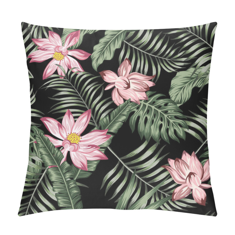 Personality  Botanical Seamless Pattern Green Leaves Pink Flowers Black Backg Pillow Covers