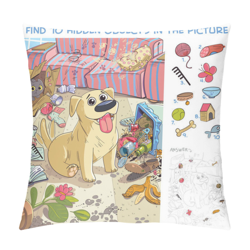 Personality  Destroyer. Pet Made A Mess In The House. Dog Is Waiting For The Return Of Its Owner At Home. Find 10 Hidden Objects In The Picture. Puzzle Hidden Items. Funny Cartoon Character Pillow Covers