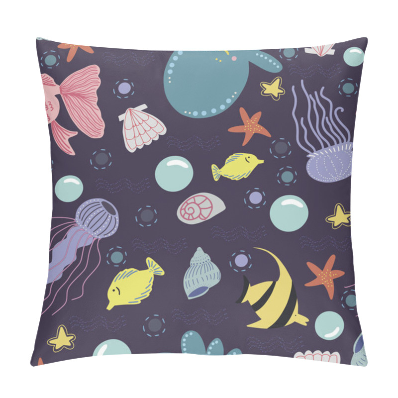 Personality  Vector Seamless Marine Pattern With A Picture Of Cute Fish, Octopus, Seashells, Jellyfish And Bubbles On A Dark Background. Pillow Covers