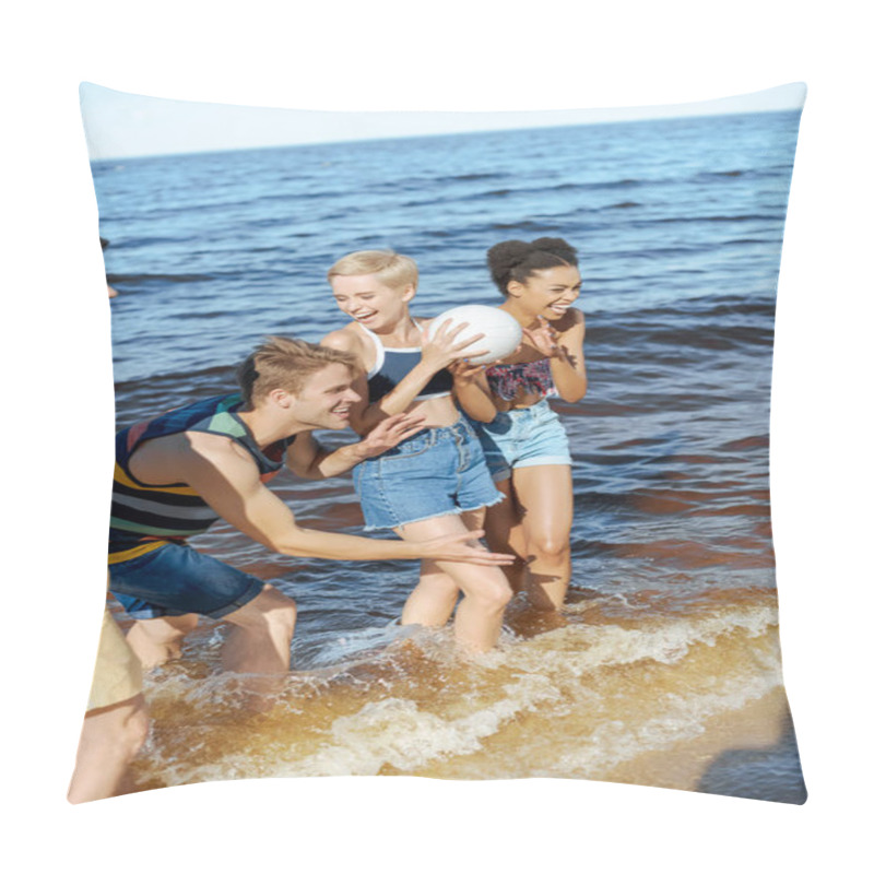 Personality  Happy Interracial Group Of Friends With Volleyball Ball Having Fun By Sea Pillow Covers