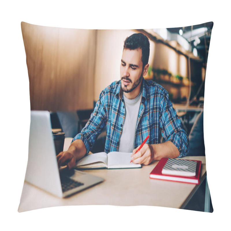 Personality  Male Student Browse Information For Studying Language Via Online Courses On Netbook In Coworking Office, Hipster Guy Using Laptop Computer Writing Article In Notepad For Publication In Social Network Pillow Covers