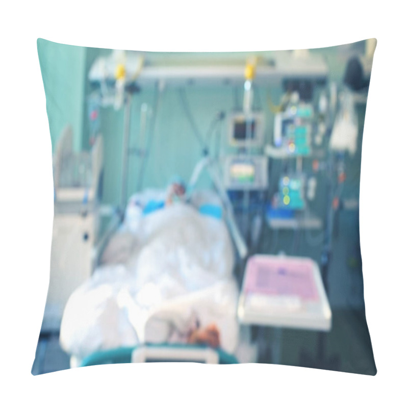 Personality  Defocused Hospital Background With Patient Connected To The Advanced Life Support Equipment In The Intensive Care Unit. Pillow Covers