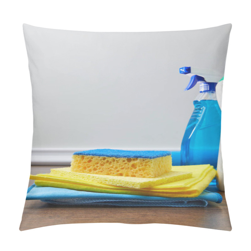 Personality  Blue And Yellow Sponge, Rags And Bottles For Spring Cleaning Pillow Covers