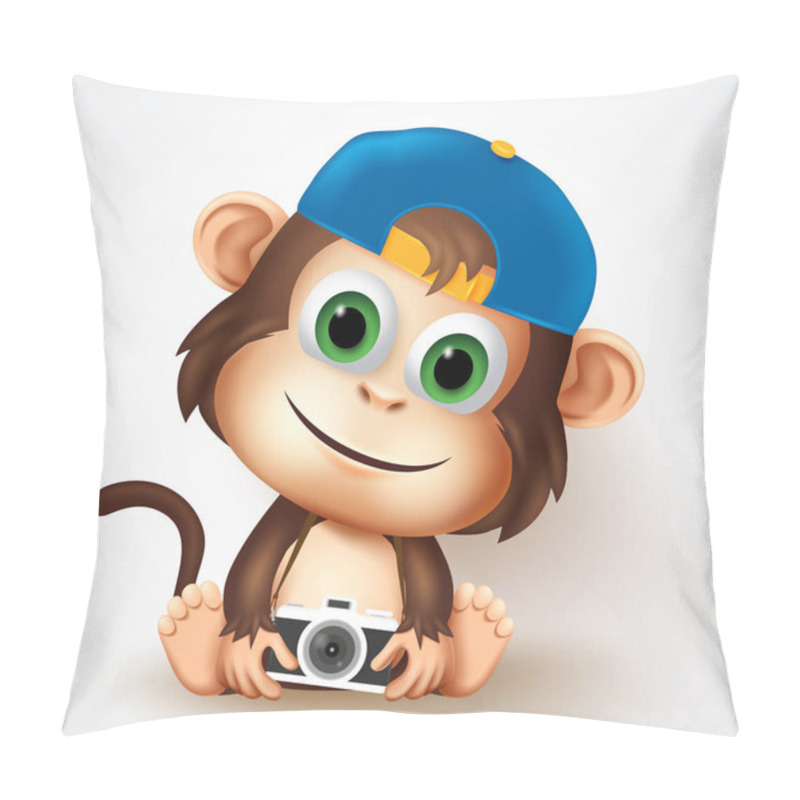 Personality  Cool Monkey Animal Character Vector Design. Cute Little Monkey Photographer In Friendly Facial Expression While Sitting And Holding Camera Pose And Gesture For T-shirt Print Design. Vector Illustration Pillow Covers