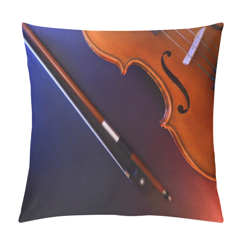 Personality  Detail Of Traditional Stringed Violin Body And Bow On Black Background With Red And Blue Lights. Top View. Pillow Covers