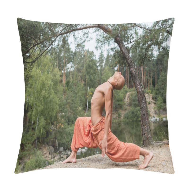 Personality  Side View Of Shirtless Buddhist Meditating In Forward Lunge Pose Outdoors Pillow Covers