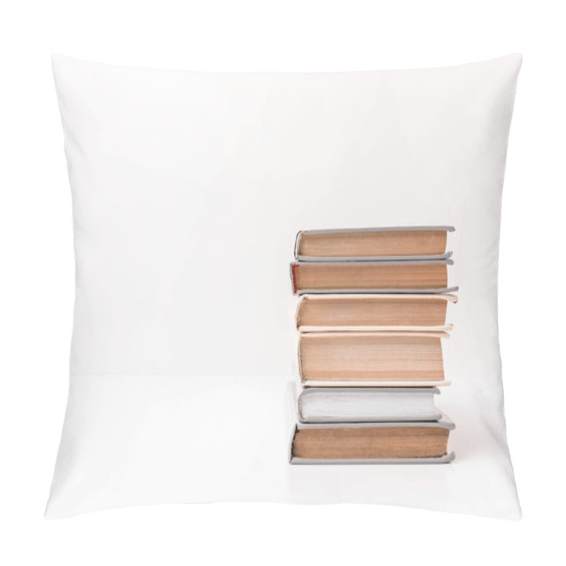 Personality  Stack Of Different Books Isolated On White Pillow Covers