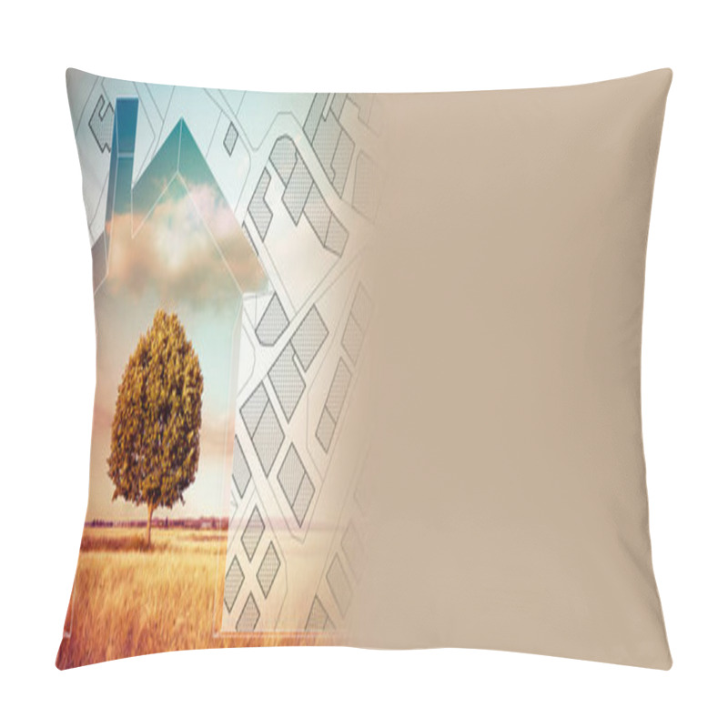 Personality  PLANNING A NEW HOME IN NATURE - Concept With Fictional Cadastral Map Of Territory Buildings, Roads, Land Parcel And Home Silhouette Witj Lone Tree - Copyspace Banner Design Pillow Covers