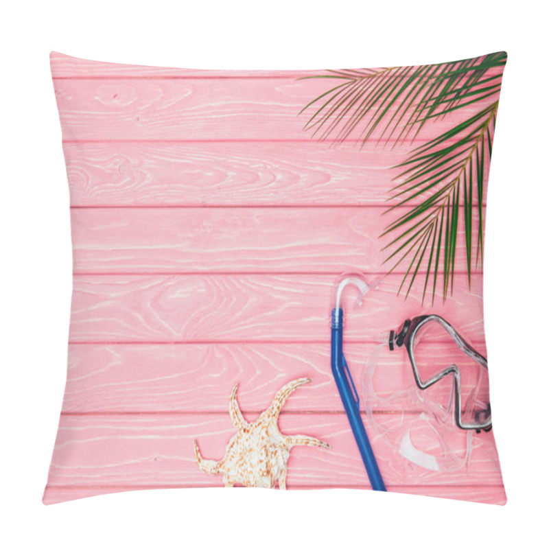 Personality  Top View Of Diving Mask And Snorkel With Seashell On Pink Wooden Surface Pillow Covers