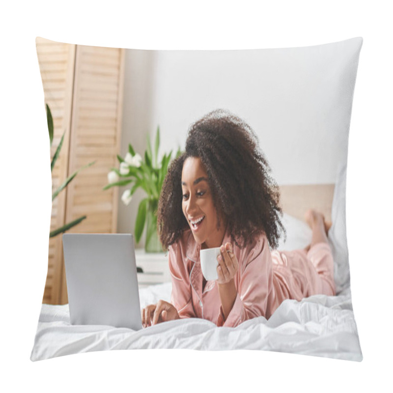 Personality  Curly African American Woman In Pajamas Peacefully Laying On Bed, Working On Laptop In Cozy Bedroom During Morning Time. Pillow Covers