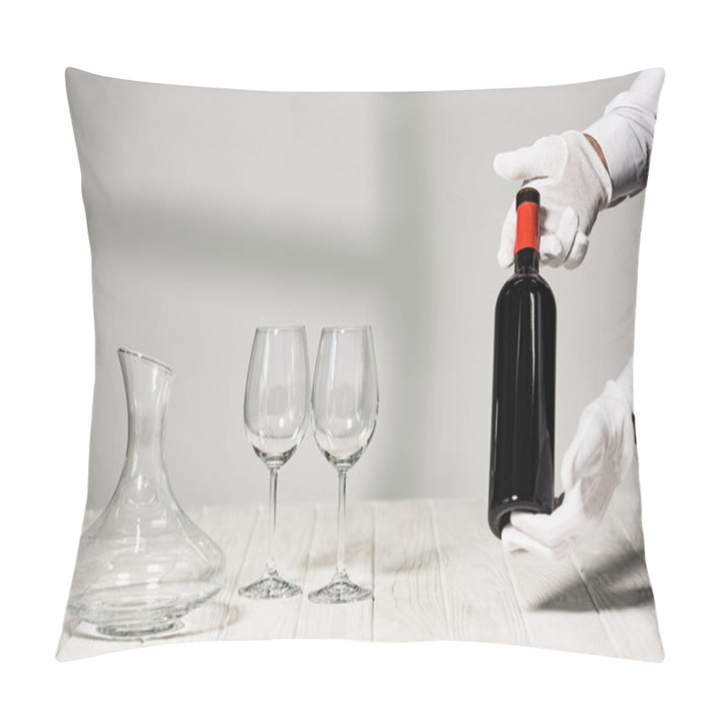 Personality  Cropped View Of Waiter In White Gloves Holding Bottle Of Wine Pillow Covers