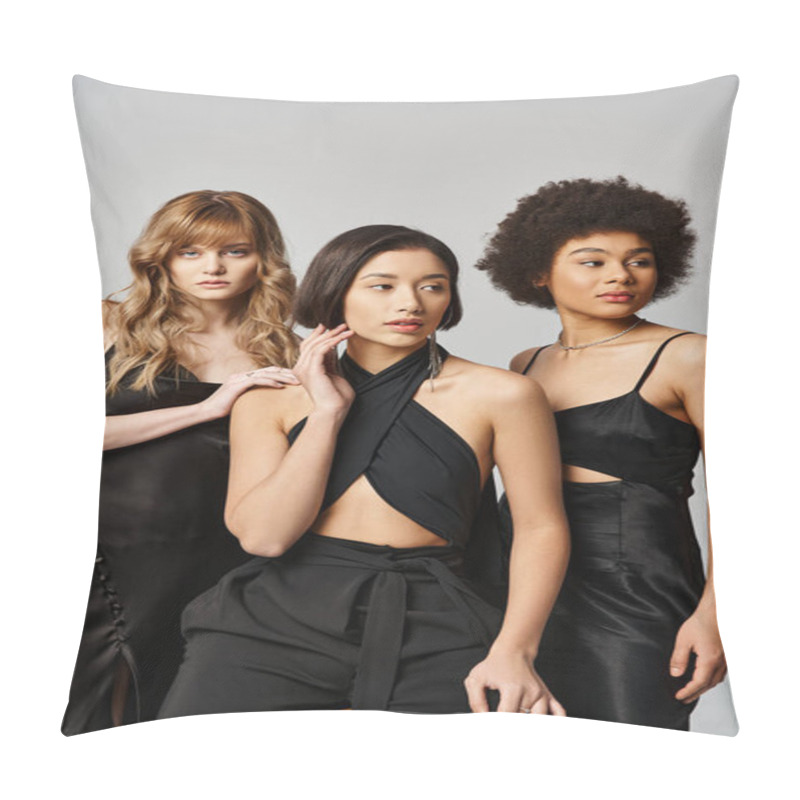 Personality  Three Diverse Women In Black Outfits Strike Stylish Poses Against A Neutral Backdrop. Pillow Covers