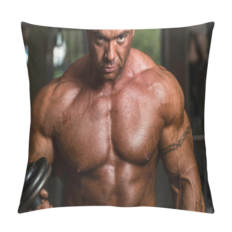 Personality  Shirtless Body Builder Posing With Dumbbell At The Bench Pillow Covers