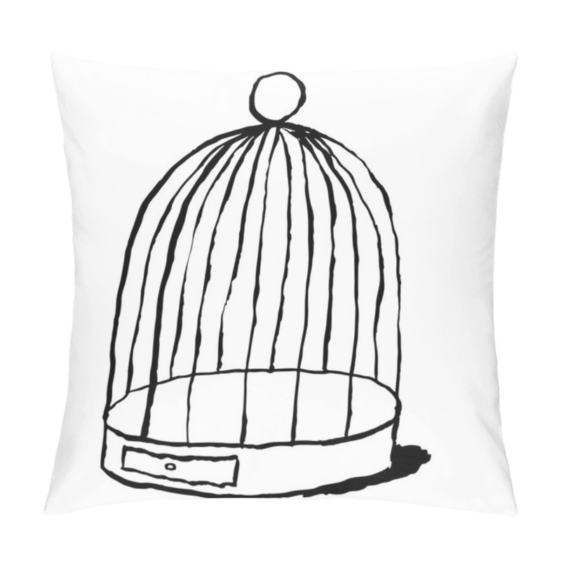 Personality  Black Birds Cage Isolated On White Background. Cartoon Drawing Was Drawn With The Brush And Ink. The Design Graphic Element Is Saved As A Vector Illustration In The EPS File Format. Pillow Covers