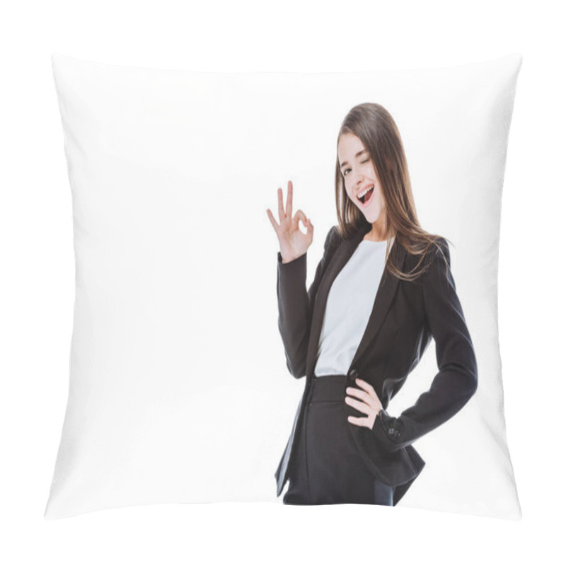 Personality  Winking And Smiling Businesswoman In Suit Showing Ok Sign Isolated On White Pillow Covers