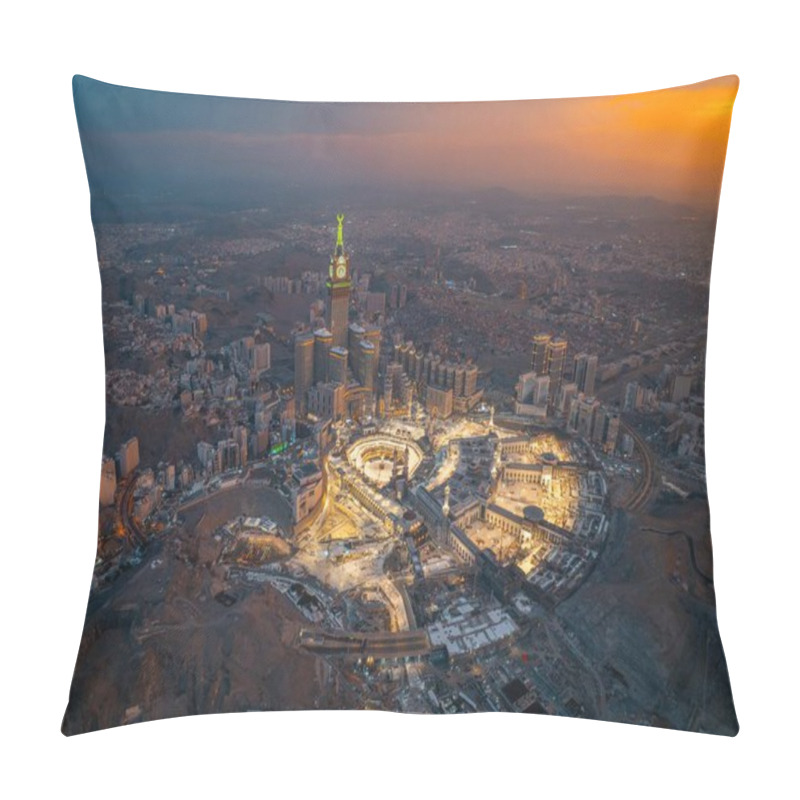 Personality  Aerial View Of The Grand Mosque With The Kaaba, Islam Holiest Site, And The Clock Tower Illuminated By Early Morning Sunlight In The Holy City Of Mecca Pillow Covers