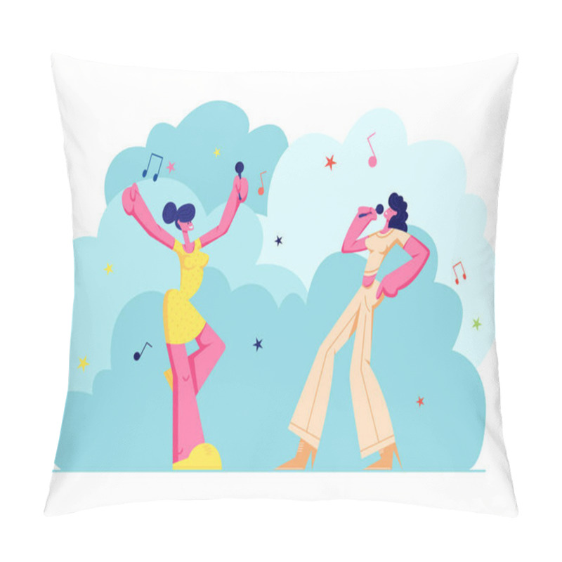 Personality  Excited Young Girls Company With Microphones Performing On Karaoke Party. Happy Female Characters Cheerfully Singing, Music, Happy Life Moments, Weekend Leisure Hobby. Cartoon Flat Vector Illustration Pillow Covers