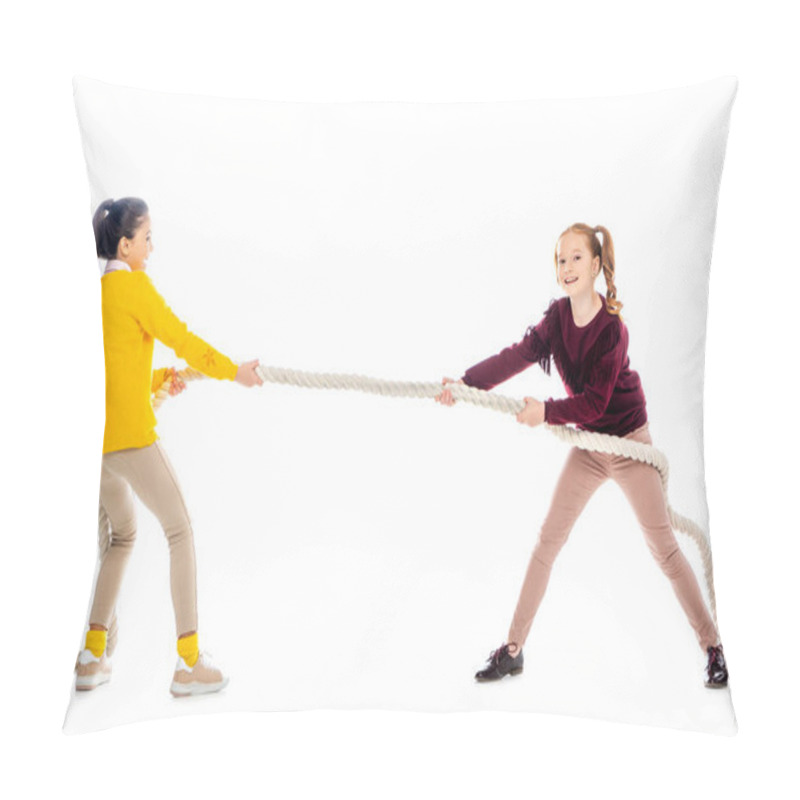 Personality  Two Cheerful Schoolgirls Pulling Rope Isolated On White Pillow Covers