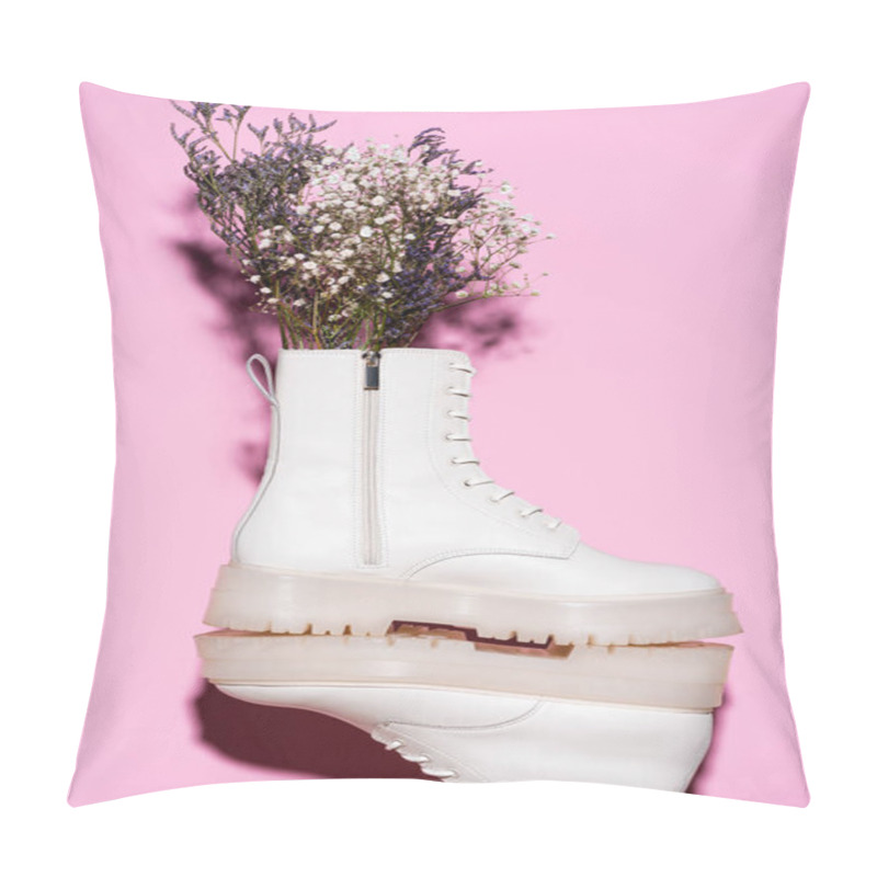 Personality  White Boots With Wildflowers On Pink Background Pillow Covers