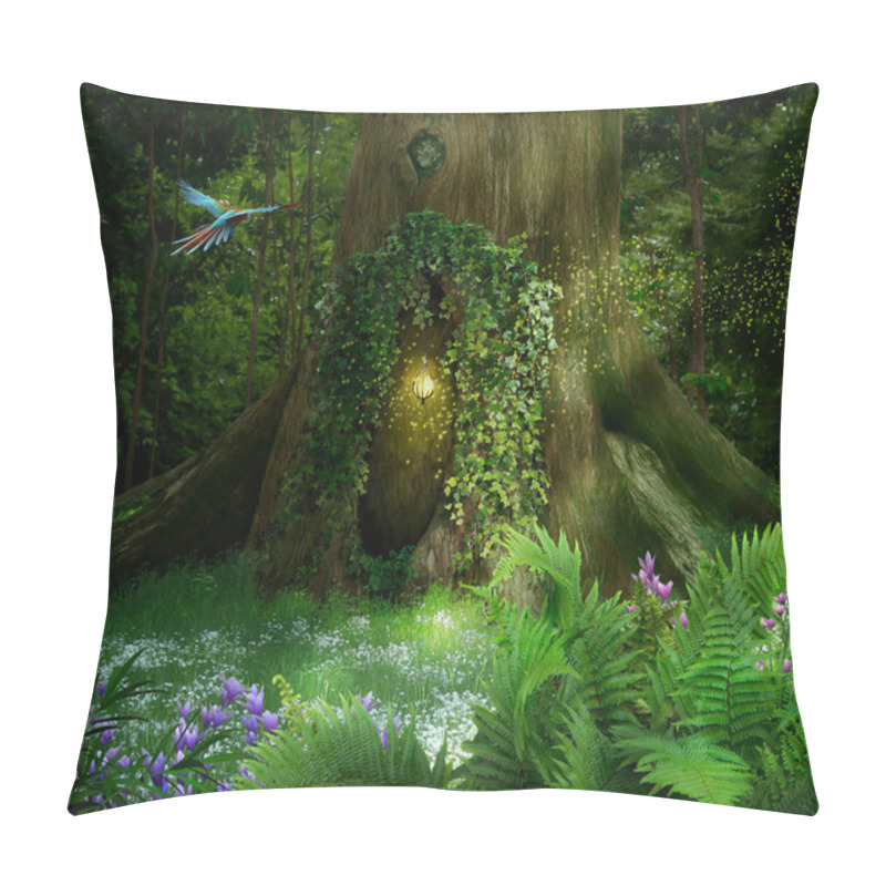 Personality  Fantasy Tree With Hole In The Forest And Parrot Flying. Photo Manipulation. 3d Rendering. Pillow Covers