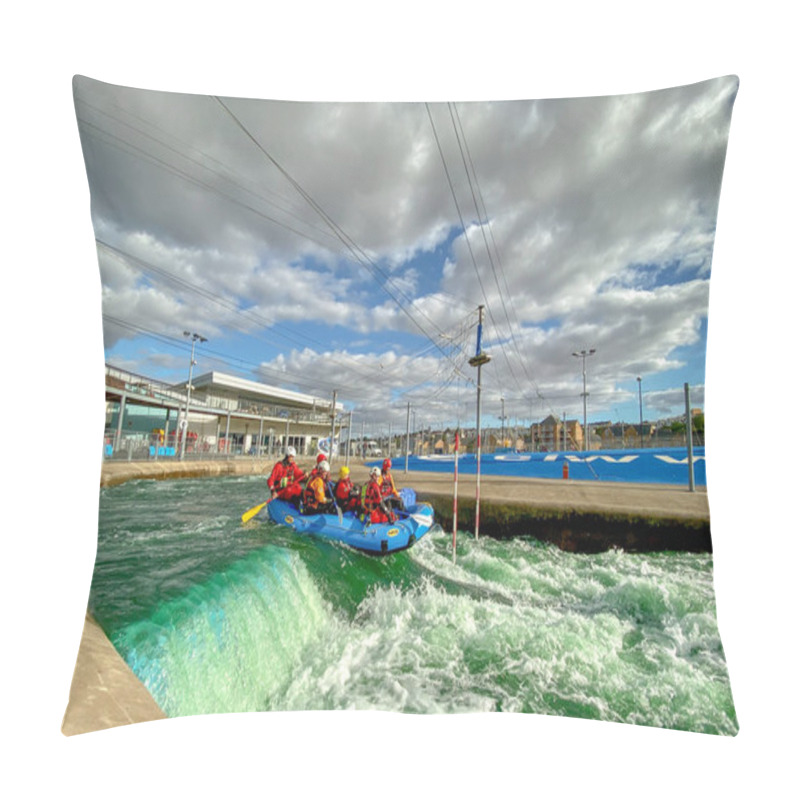 Personality  CARDIFF, WALES - OCTOBER 2019: People In An Inflatable Raft Paddling Over A Waterfall On The Man Made Course At The National White Water Centre In Cardiff Pillow Covers