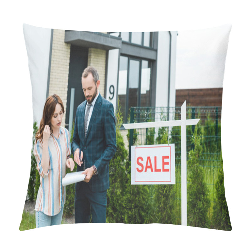 Personality  Attractive Woman Looking At Clipboard While Standing Near Broker And House  Pillow Covers