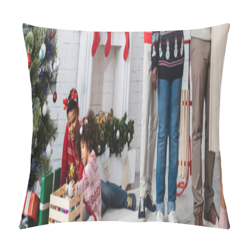 Personality  African American Kids Playing With Baubles Near Christmas Tree And Family In Living Room, Banner Pillow Covers